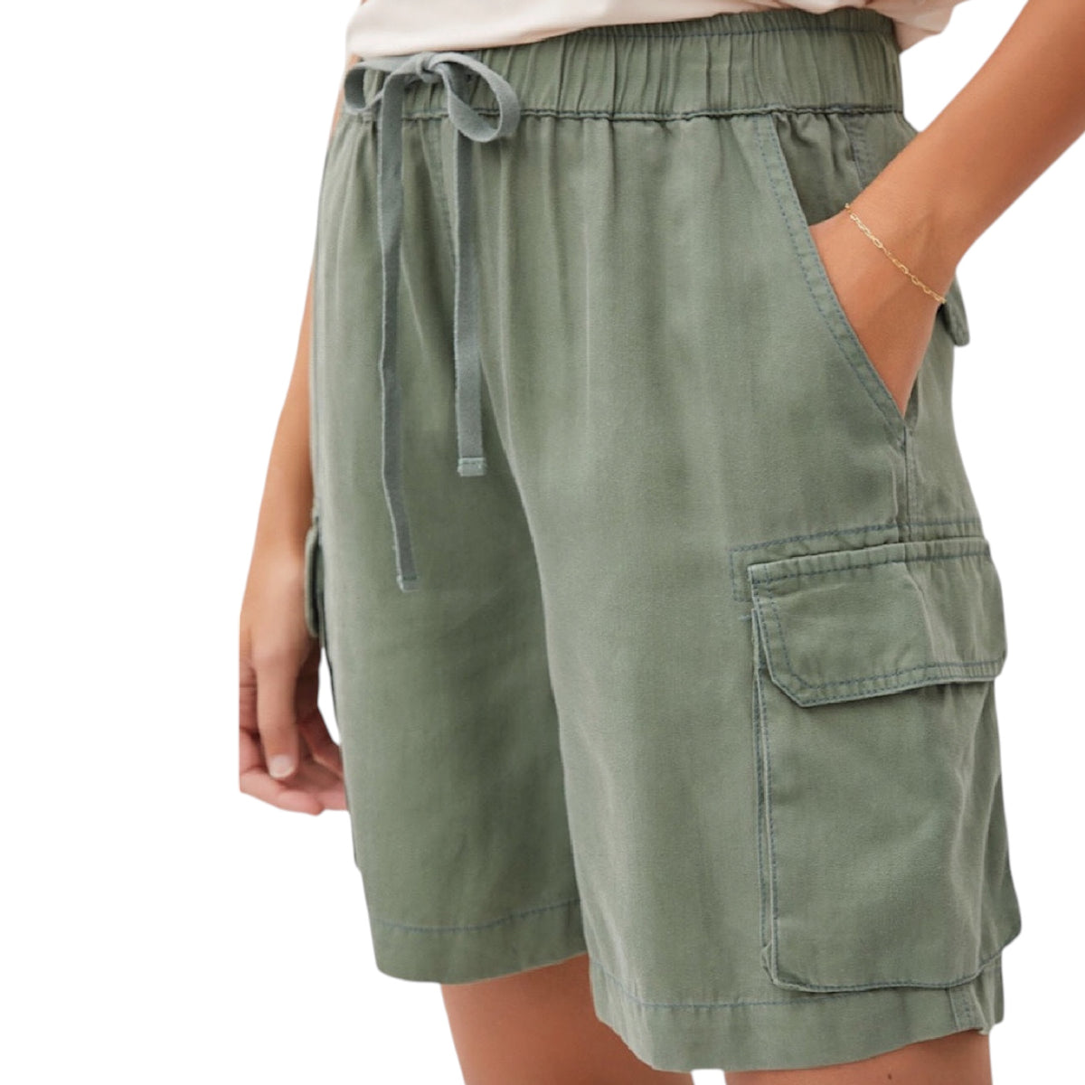 Tencel Shorts with Elastic Drawstring Waistline and Cargo Pockets