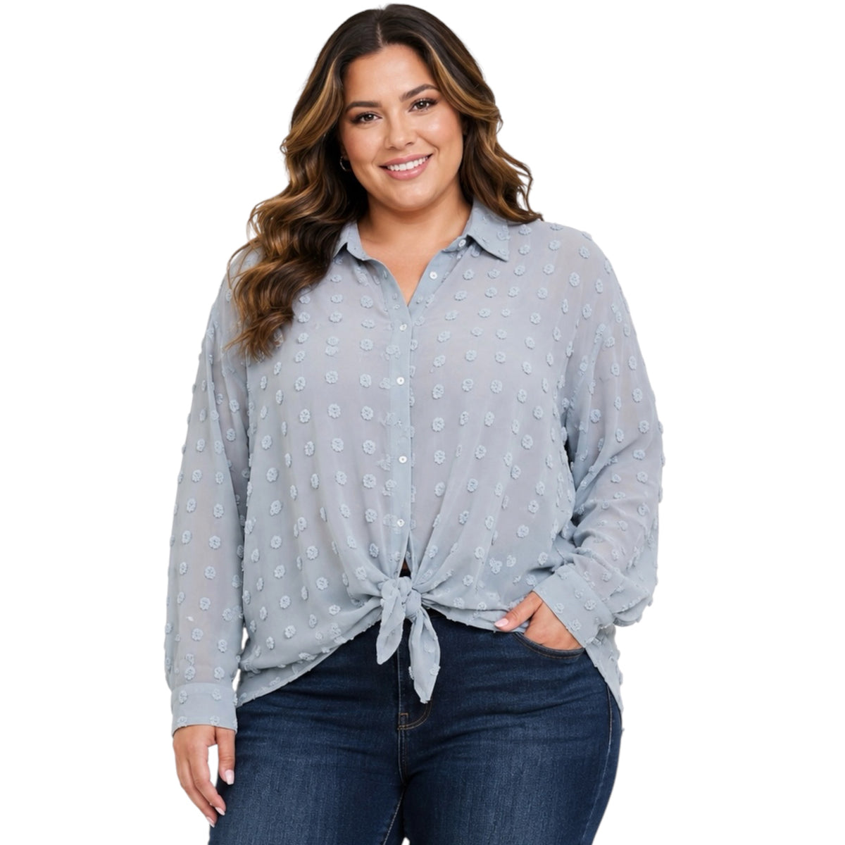 Sage Swiss Dot Chiffon Button Down Shirt Blouse