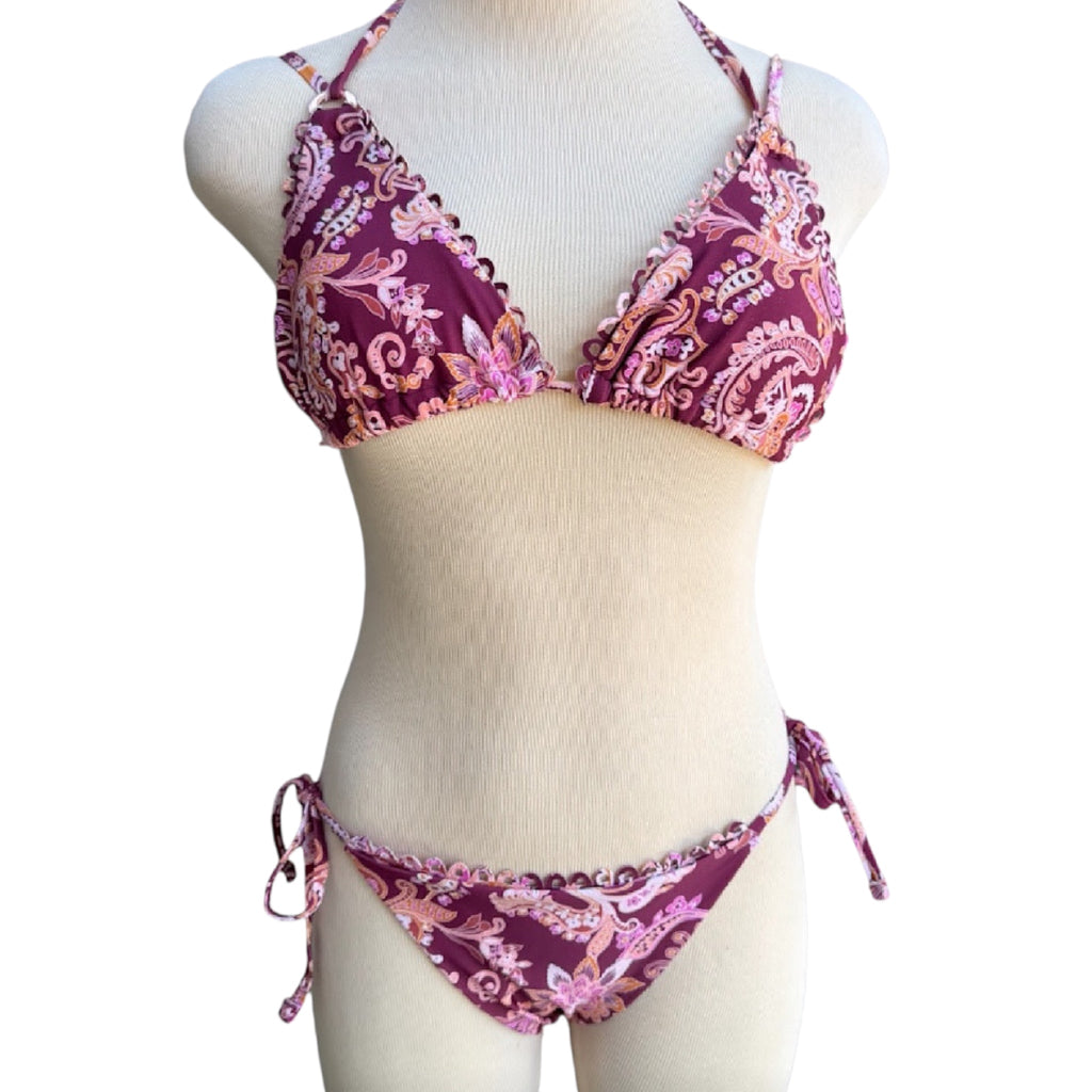 Nanette Lepore Burgundy Floral Two-Piece Bikini Size 8-RF