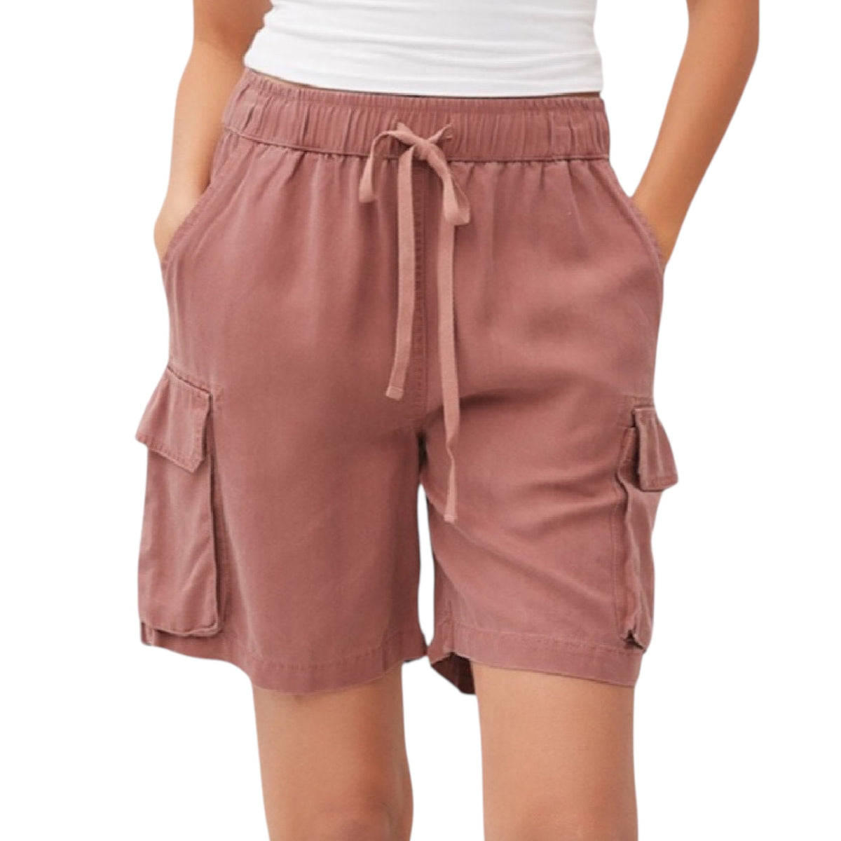 Tencel Shorts with Elastic Drawstring Waistline and Cargo Pockets