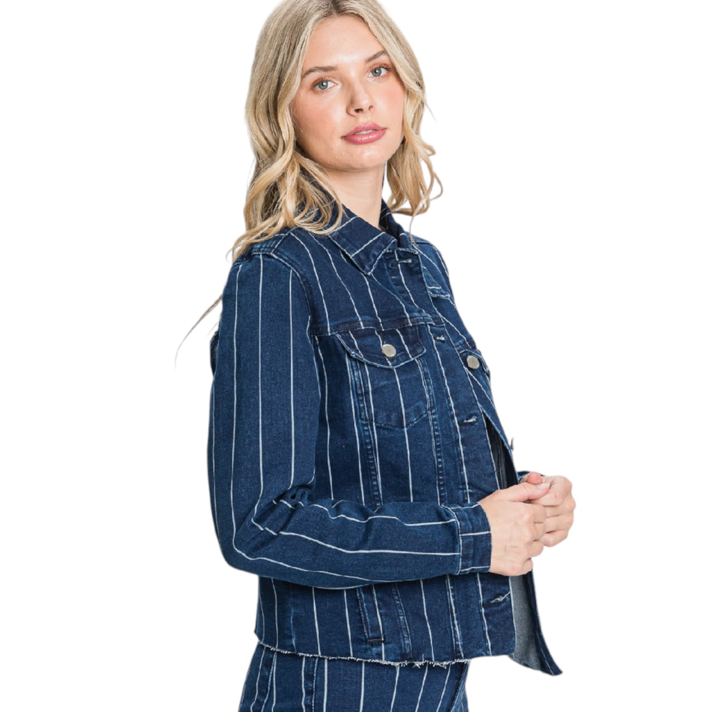 Petra153 P292J-DK Stripe Print Stretch Crop Jacket