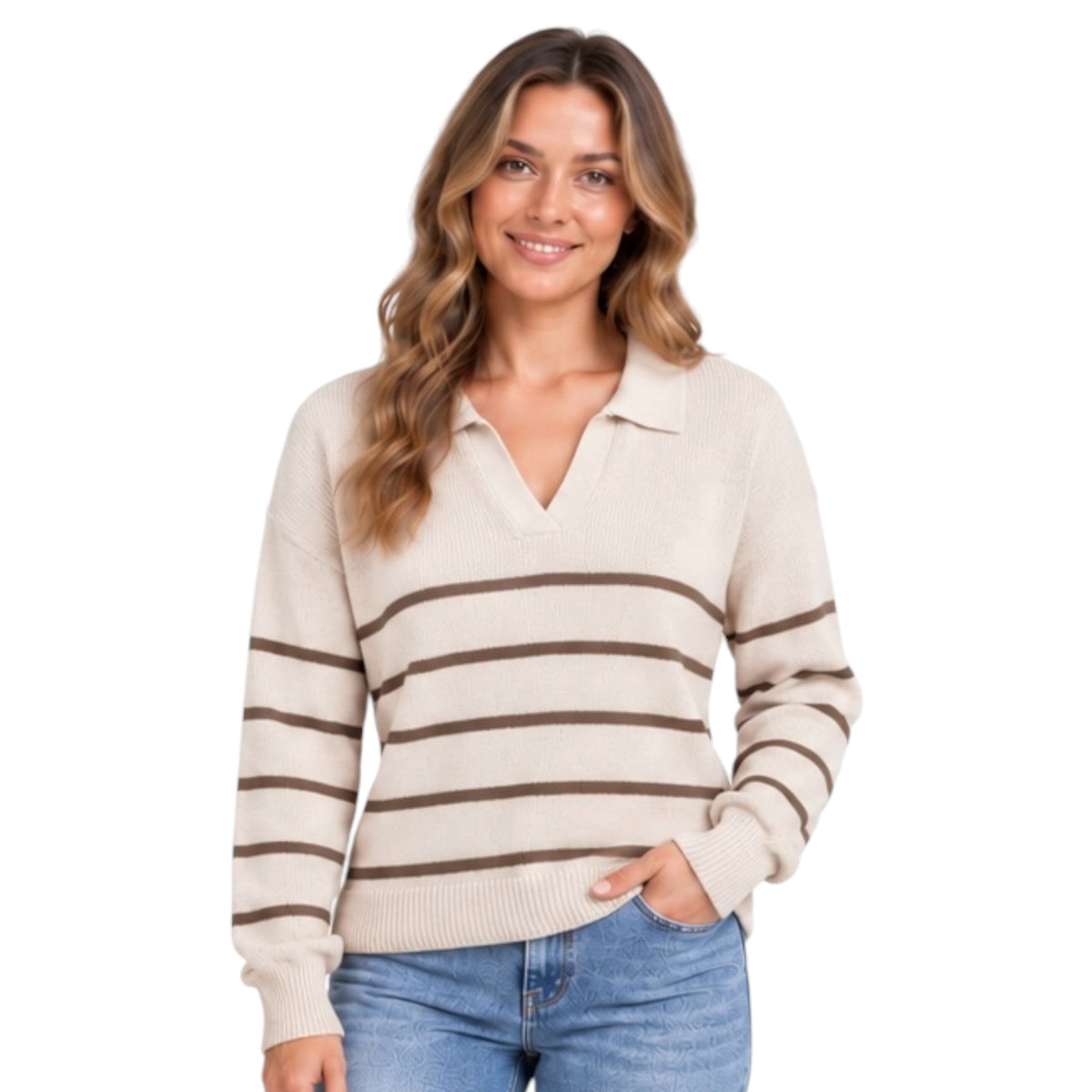 Brown Collared Stripe Sweater Top