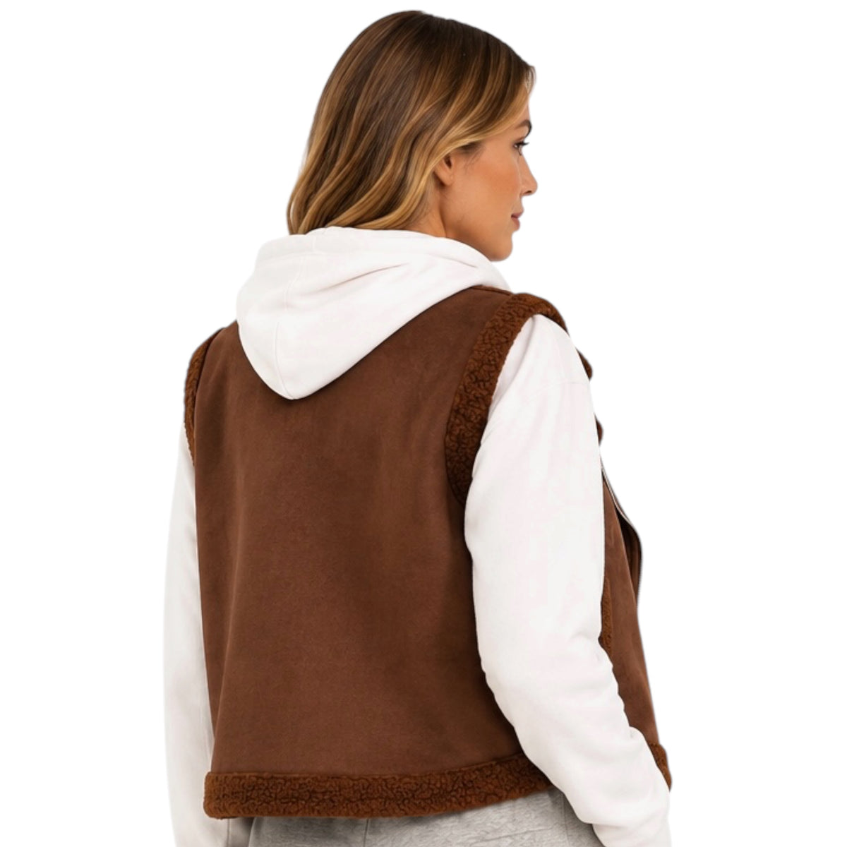 Dark Oak Brown Faux Suede Fur Crop Vest
