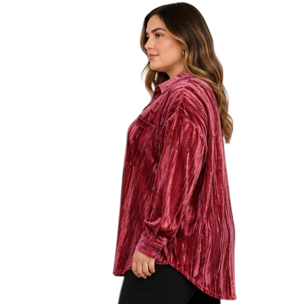 Plus Indian Pink Crinkled Velvet Button Front Top