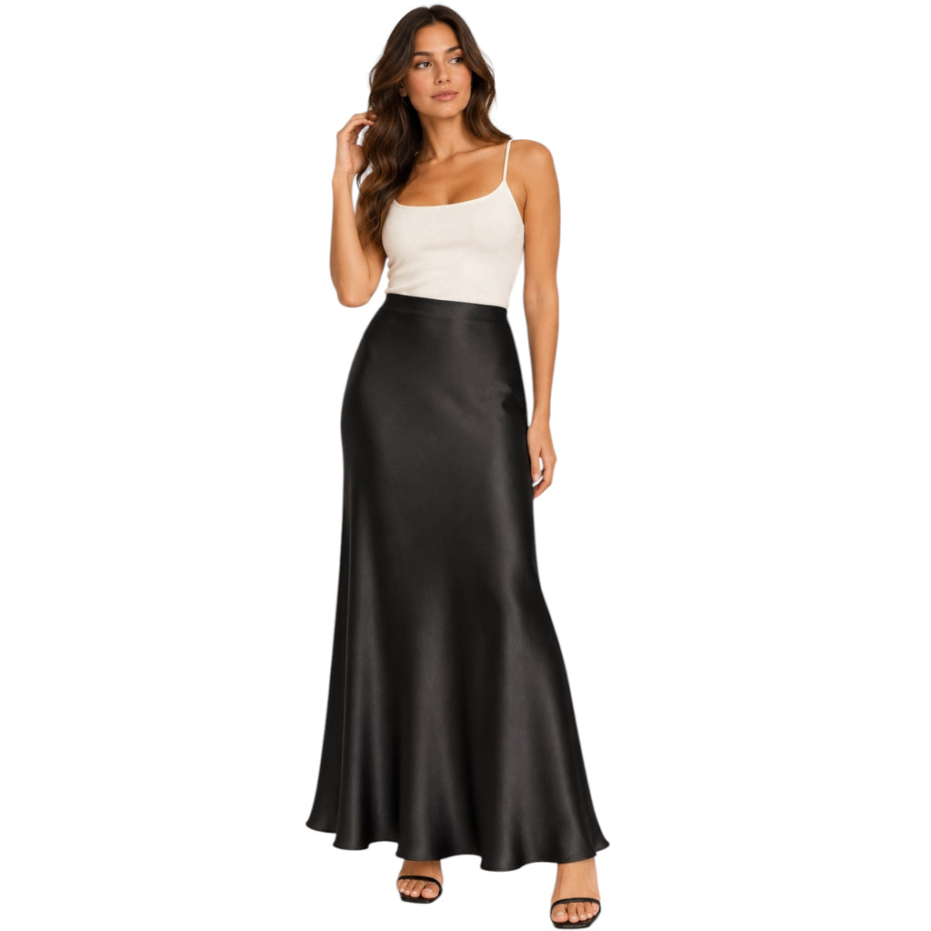 Black Satin Midi Skirt