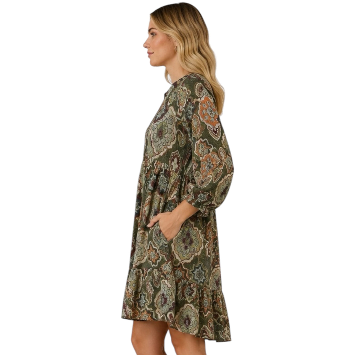 Olive Mix Boho Medallion Print Tiered Dress