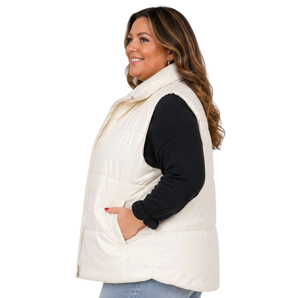 Plus Ivory Solid Zip Up Puffer Vest