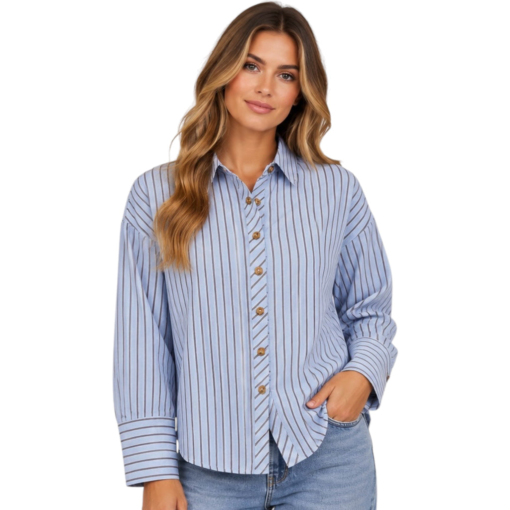 Blue Striped Collared Button Down Top