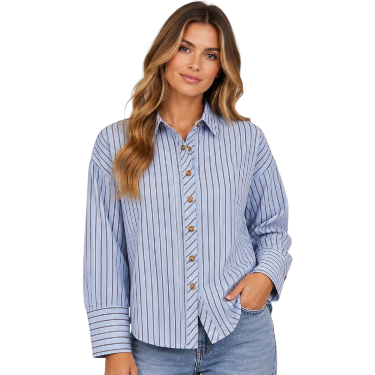 Blue Striped Collared Button Down Top
