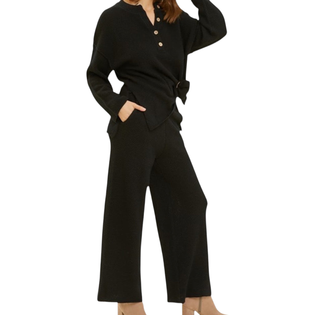 Black Henley Waffle Knit Lounge Set