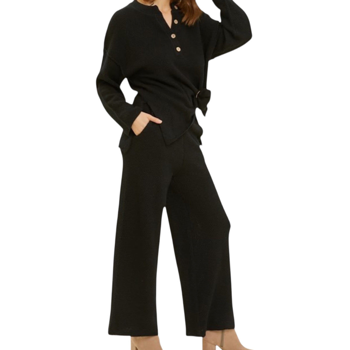 Black Henley Waffle Knit Lounge Set