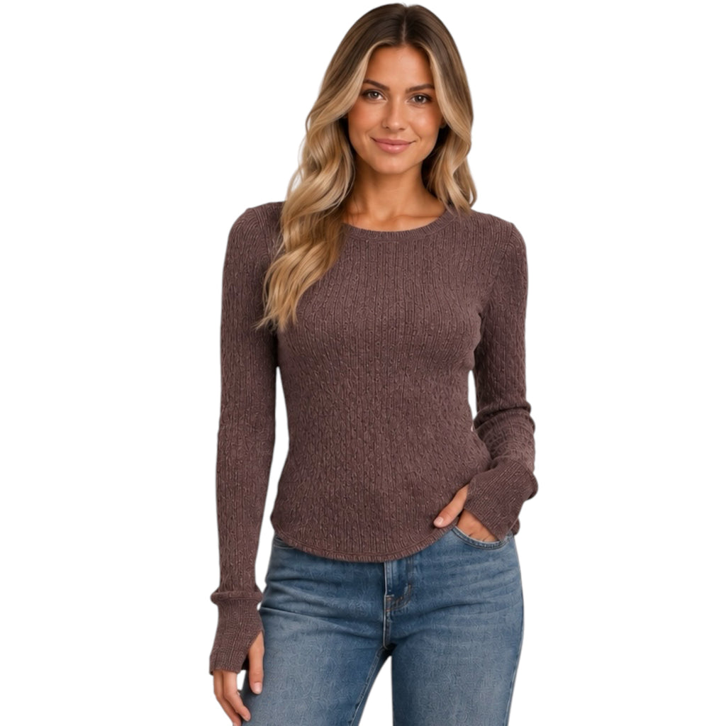 DEEP PLUM TEXTURED CREW NECK L/S TOP W/ THUMBHOLE DETAIL