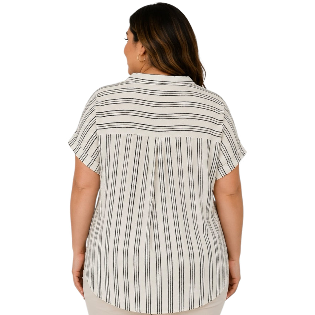 Plus Cream Stripe Half Button Top