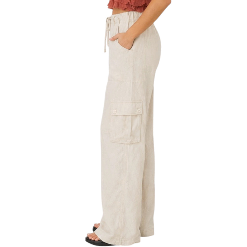 RISEN RDNP8049 Taupe High Rise Linen Wide Cargo Pants