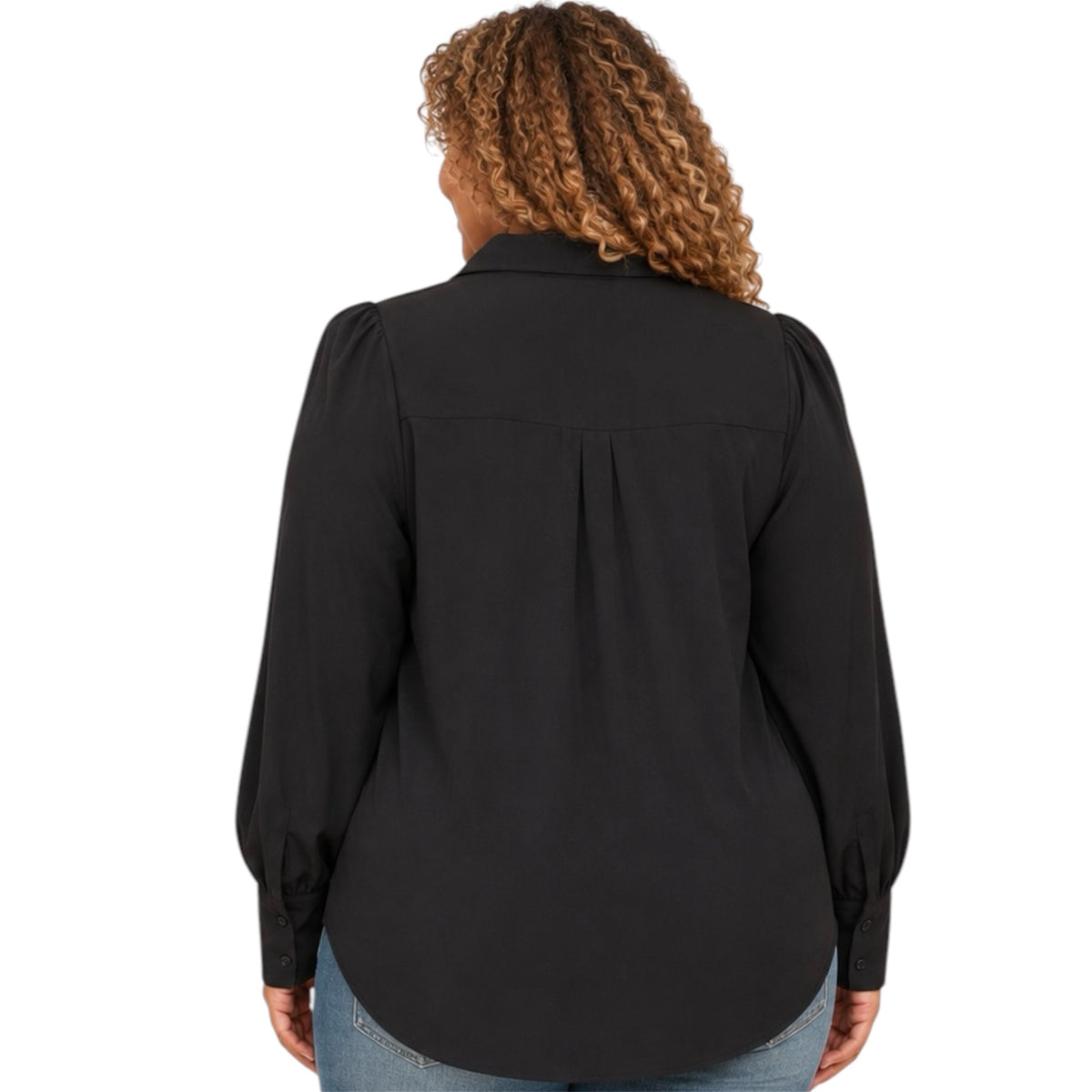 Plus Black Long Cuff Lantern Puff Sleeve Button Down Blouse