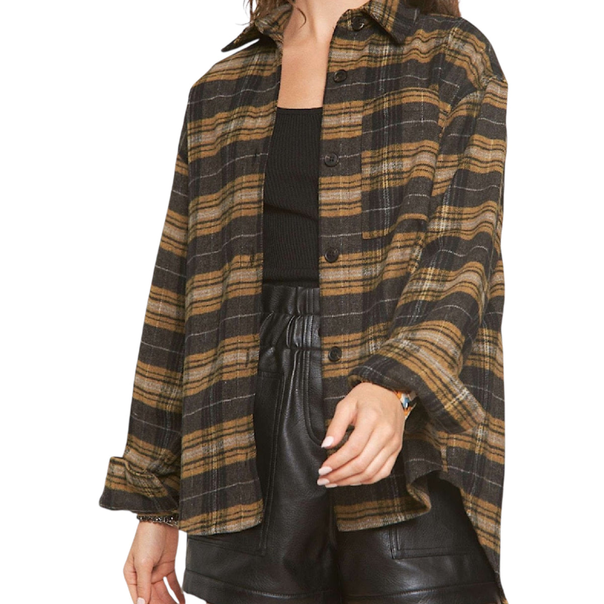 Mustard Button Down Plaid Shacket