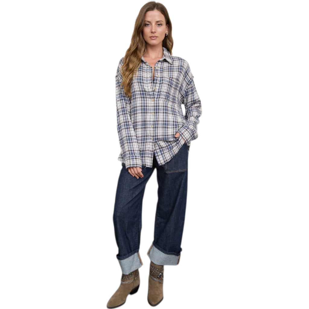 Blue Plaid Collared Button Down Top
