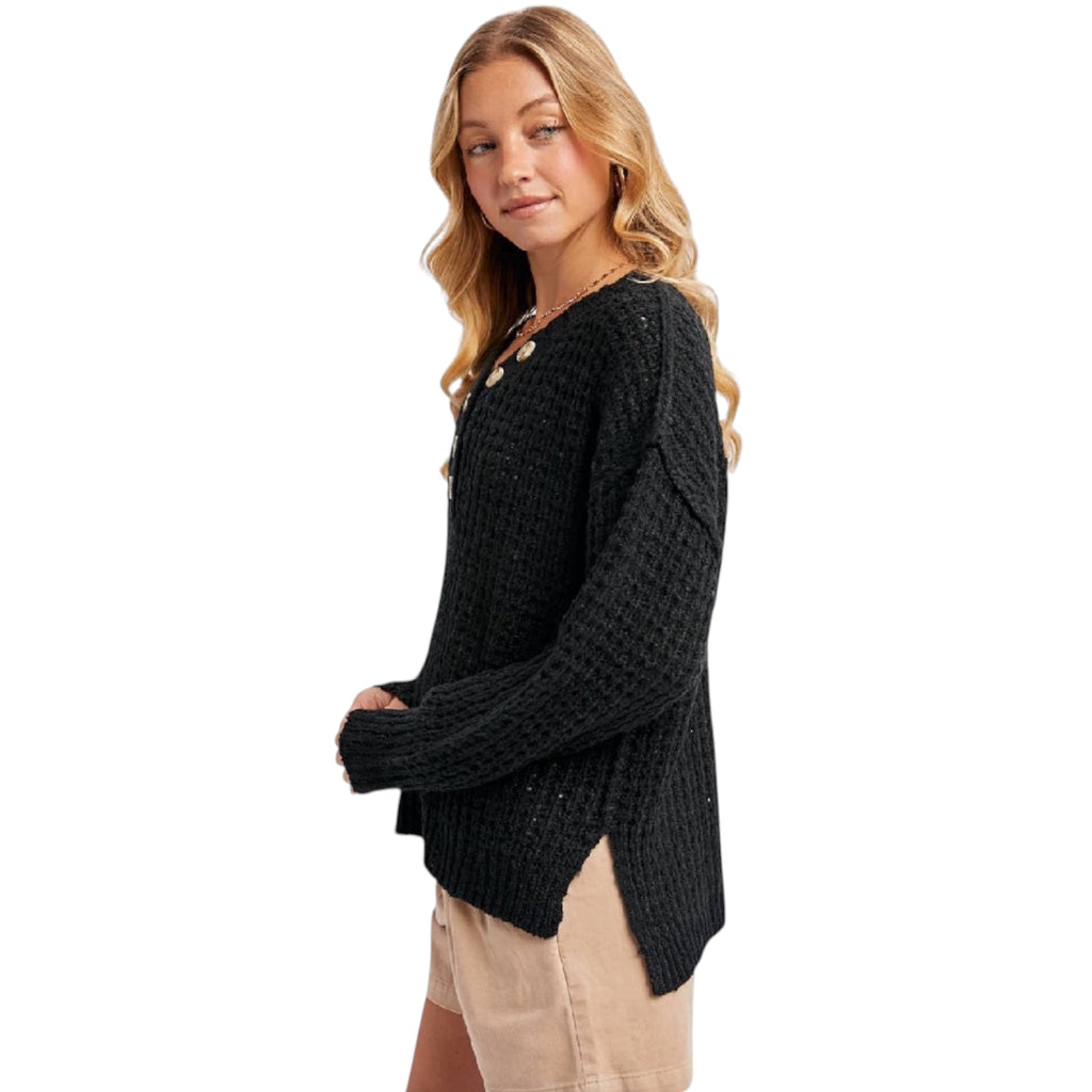 Black Thermal Henley Sweater Top