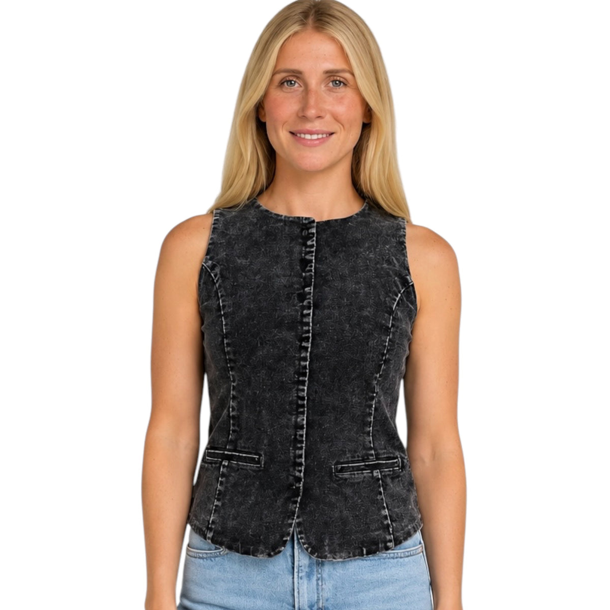 Black Mineral Washed Sleek Buttoned Vest