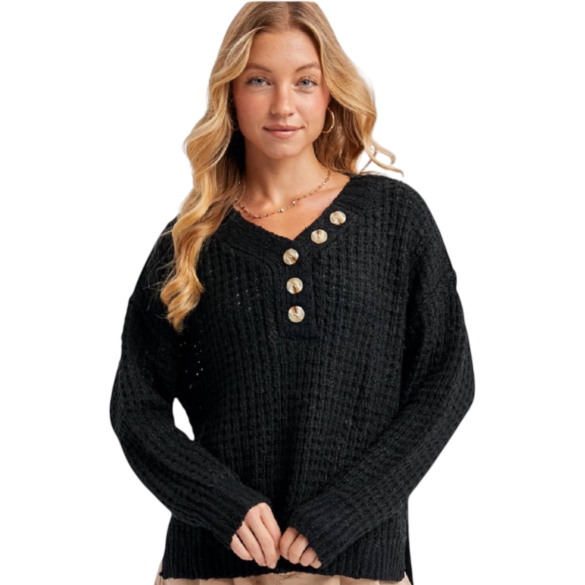 Black Thermal Henely Sweater Top