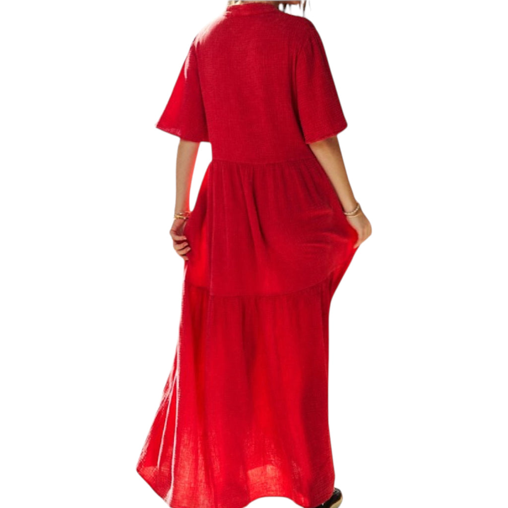 Cherry Red Garment Washed Flowy Short Sleeve Maxi Dress