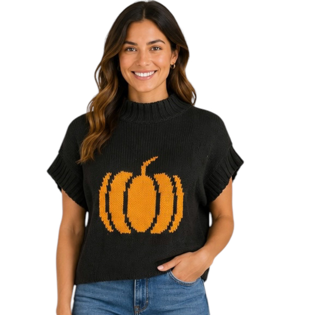 Black Sleeveless Sweater with Pumpkin Pattern High Neckline