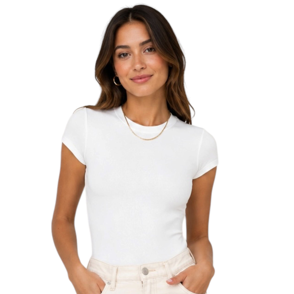 White Round Neck Short Sleeve Knit Bodysuit