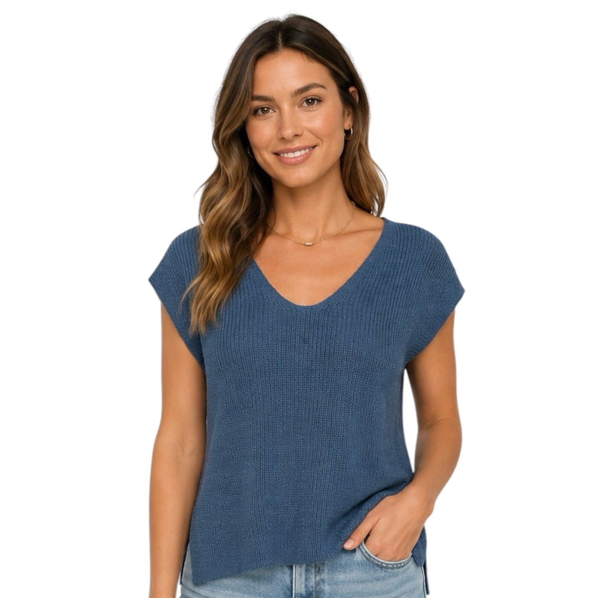 Teal V-Neck Cap Sleeve Sweater Top