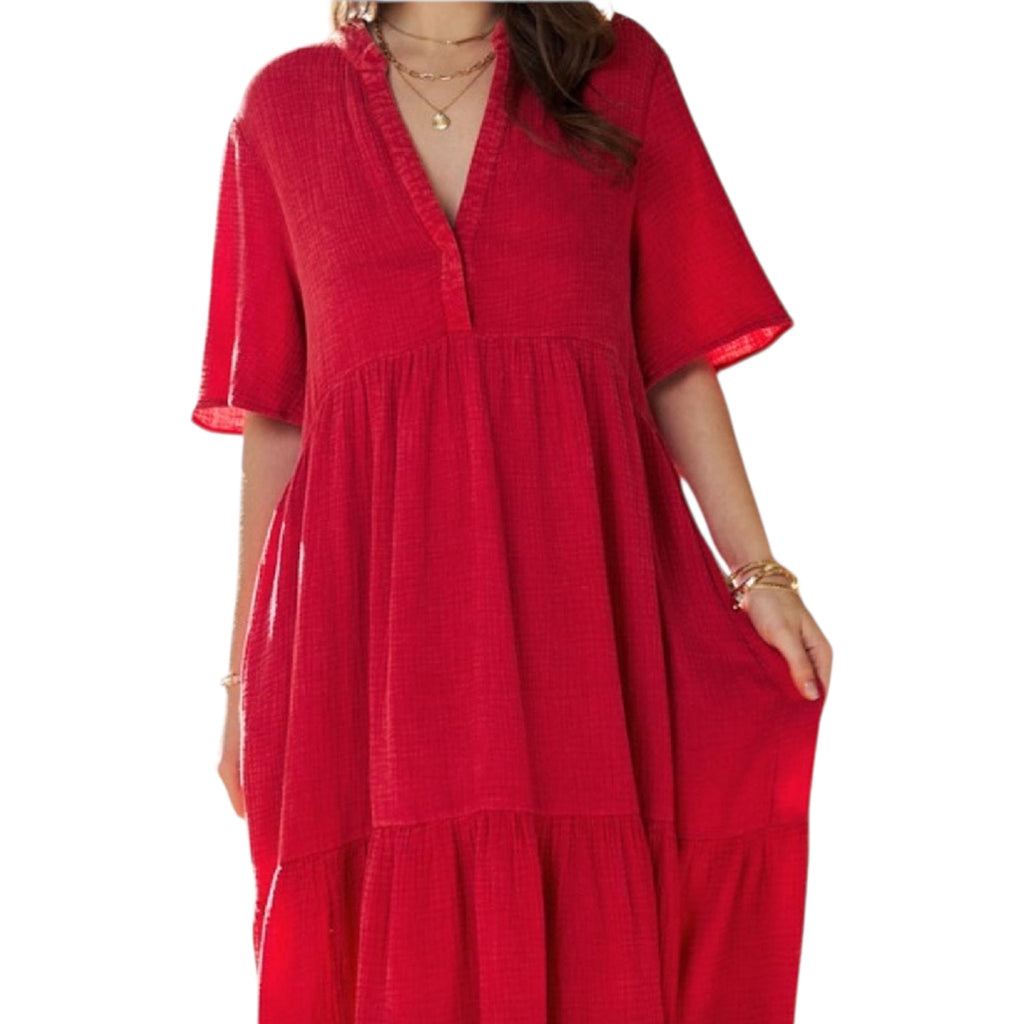Cherry Red Garment Washed Flowy Short Sleeve Maxi Dress