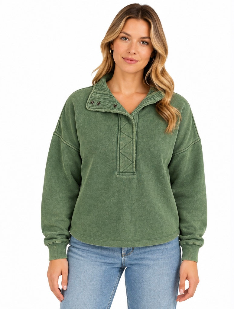 Green Mineral Wash Half Snap Pullover Sweatshirt