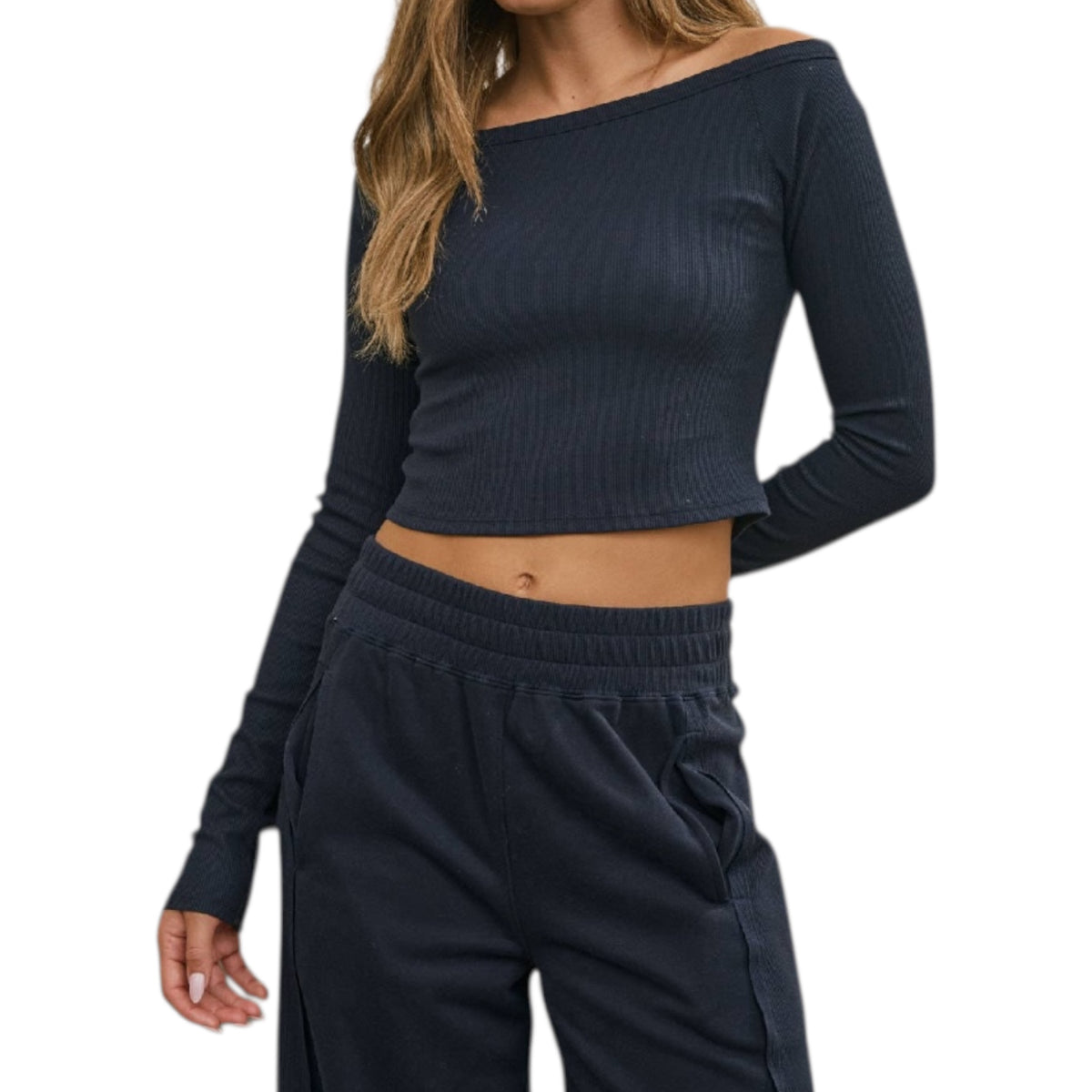 Navy Off Shoulder Long Sleeve Crop Knit Top
