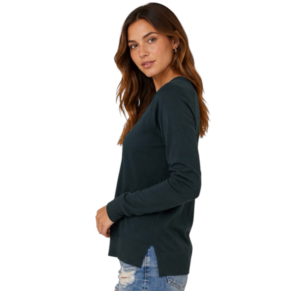 Dark Teal Lightweight Round Neck Sweater with Side Slits