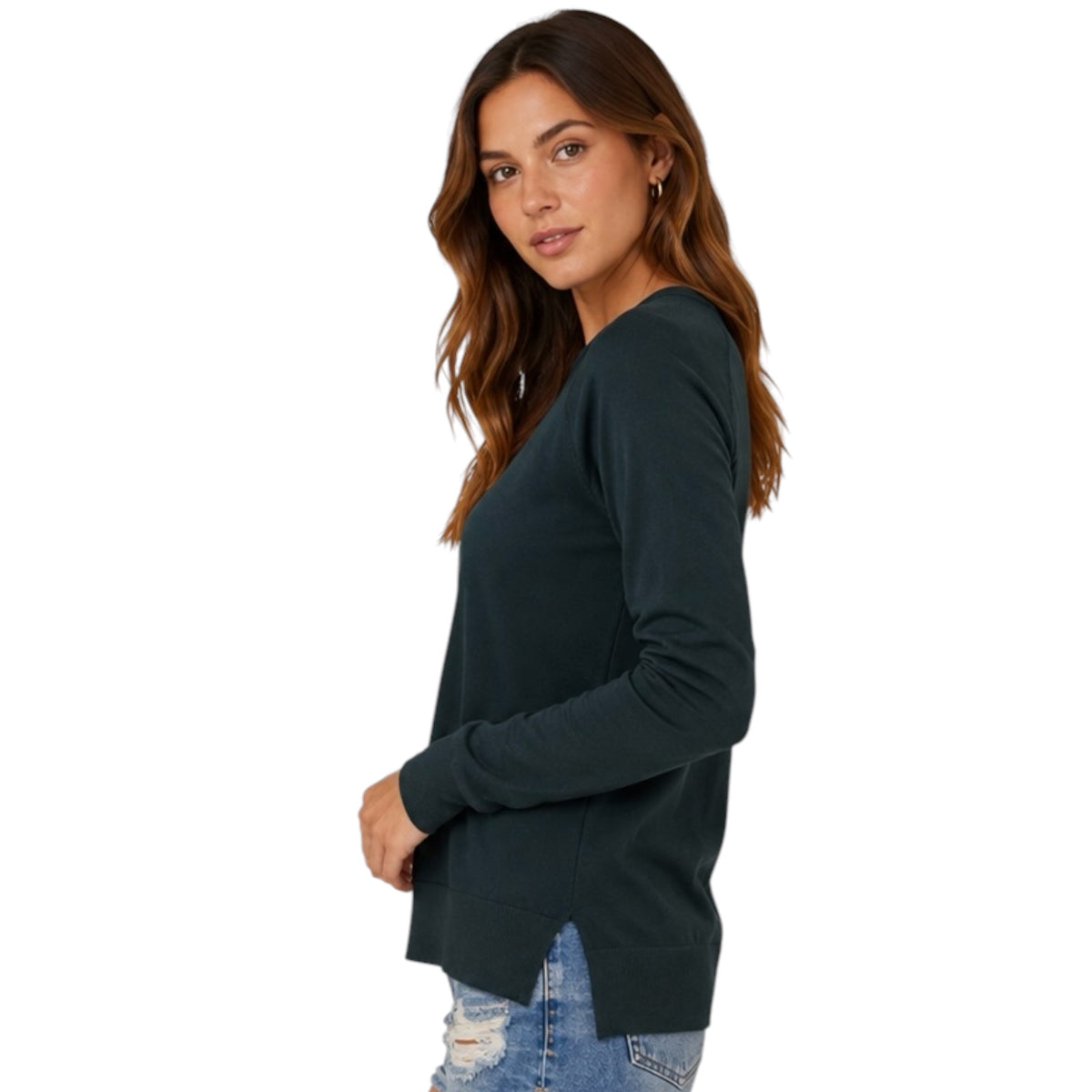 Dark Teal Lightweight Round Neck Sweater with Side Slits