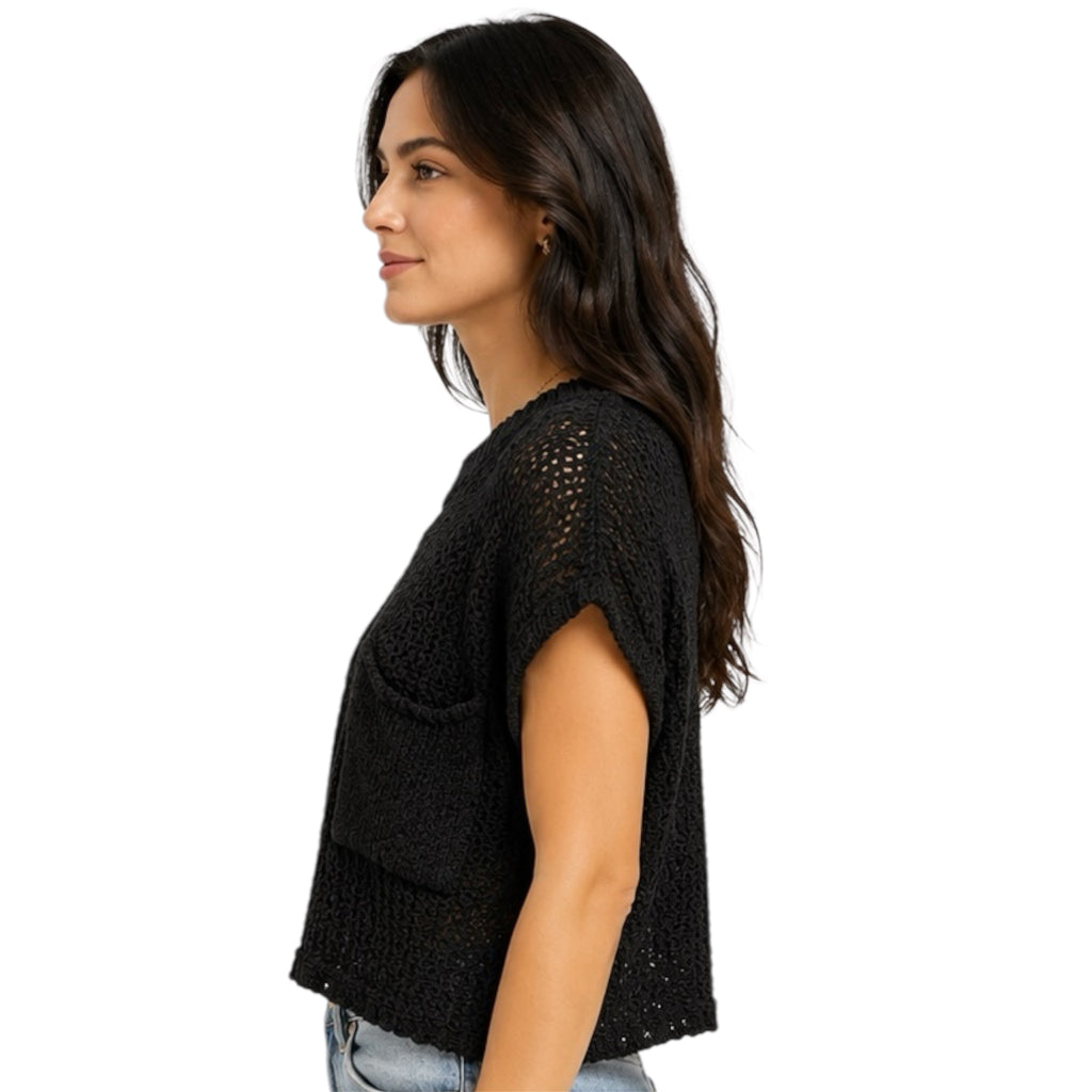 Black Knitted Sweater Top with Pocket Detail