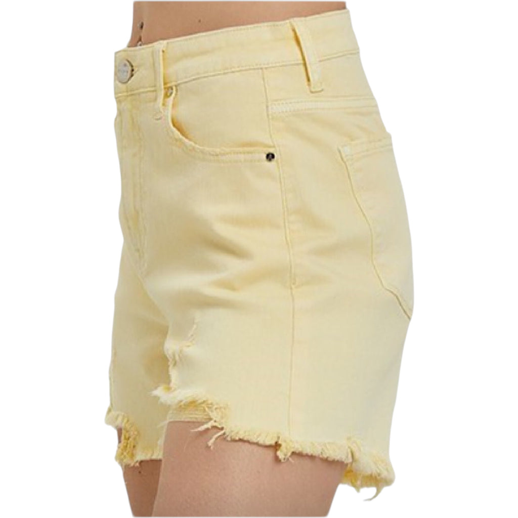 Risen Pale Yellow High Rise Distressed Shorts RDS1335