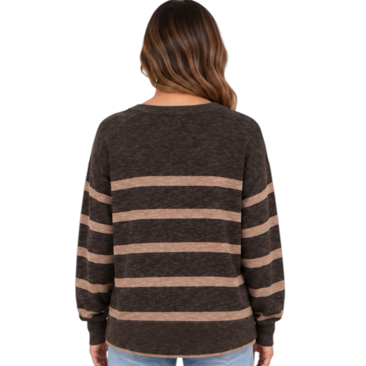 Charcoal Striped Slub Yarn Round Neck Sweater