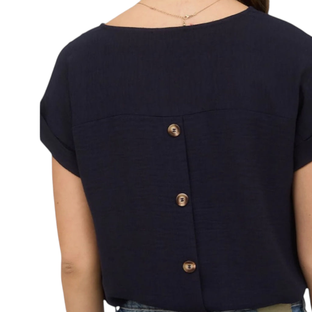 Navy Split Neck Back Button Short Fold Sleeve Blouse