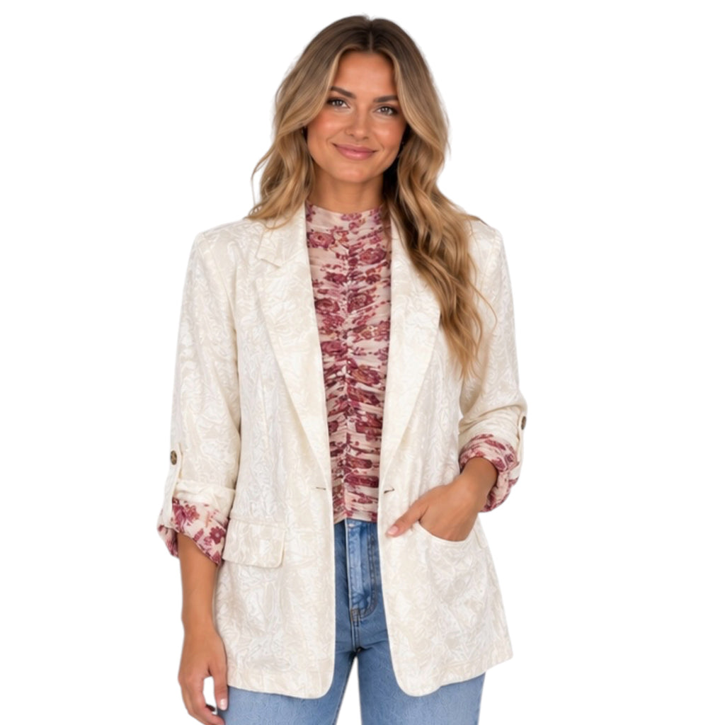 Ivory Rolled Up Sleeve Velvet Blazer