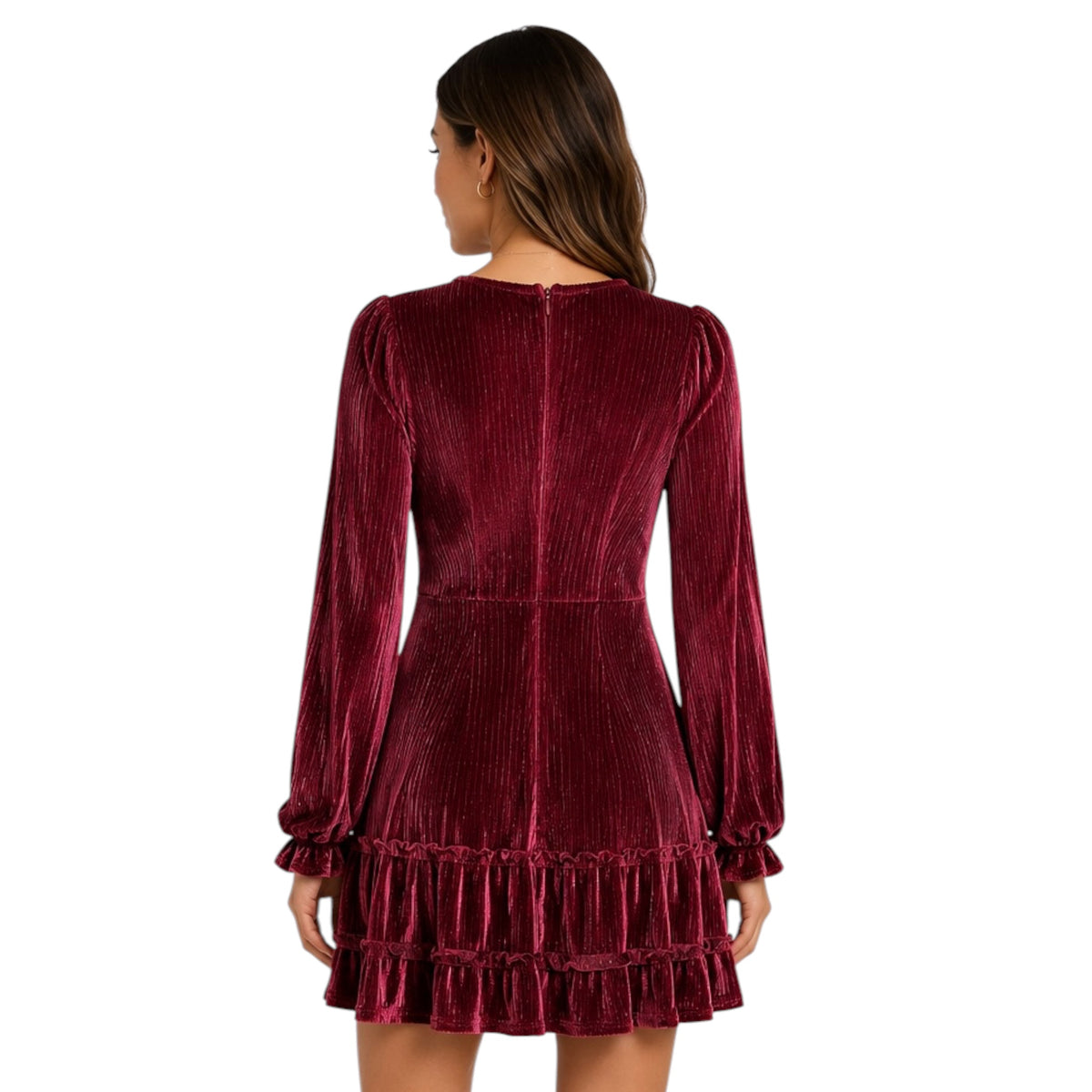 Wine V-Neck Textured Velvet Mini Dress