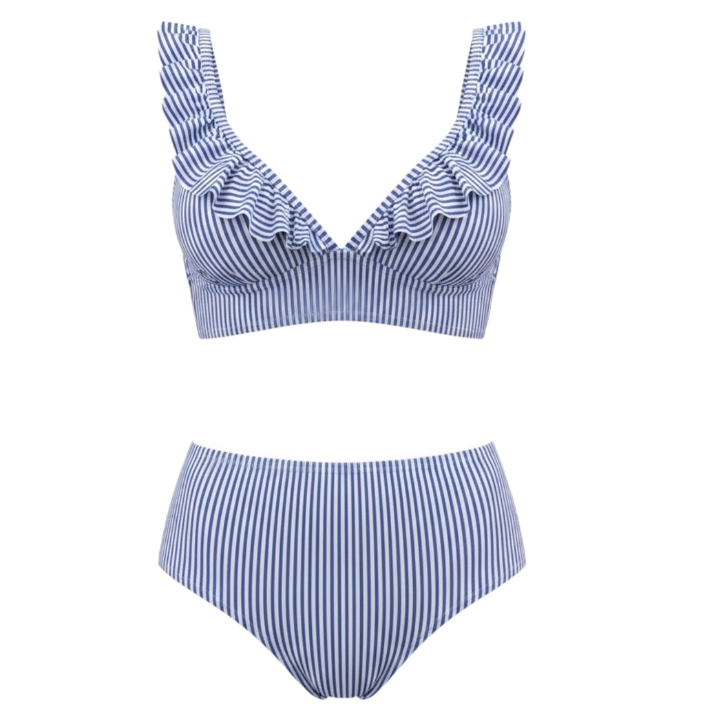 Blue Striped Ruffle Bikini- Front View