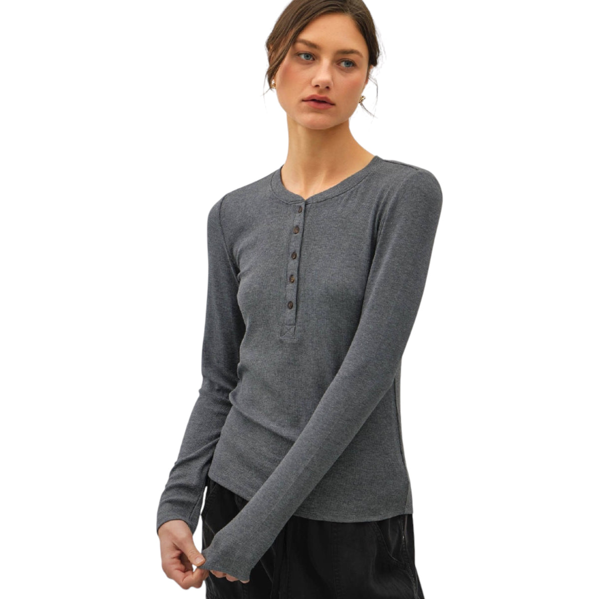Grey Modal Classic Ribbed Long Sleeve Henley Top