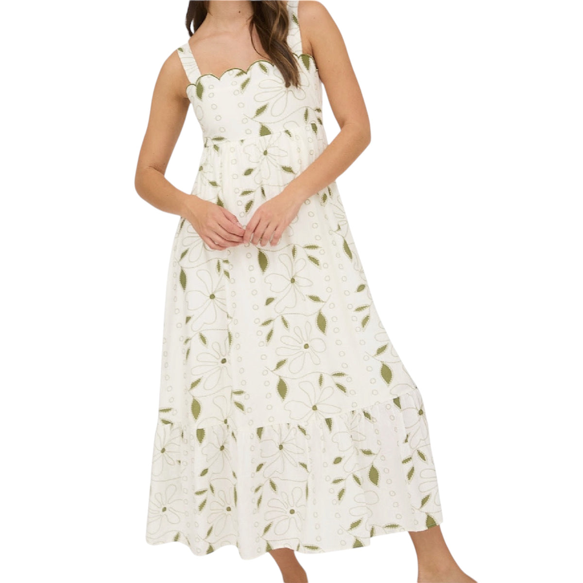 Moss Green Floral Embroidered Detail Scallop Trim Midi Dress