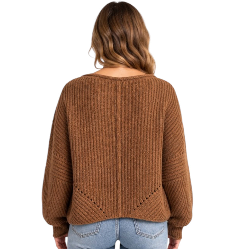 Brown Ribbed Drop Sleeve Sweater