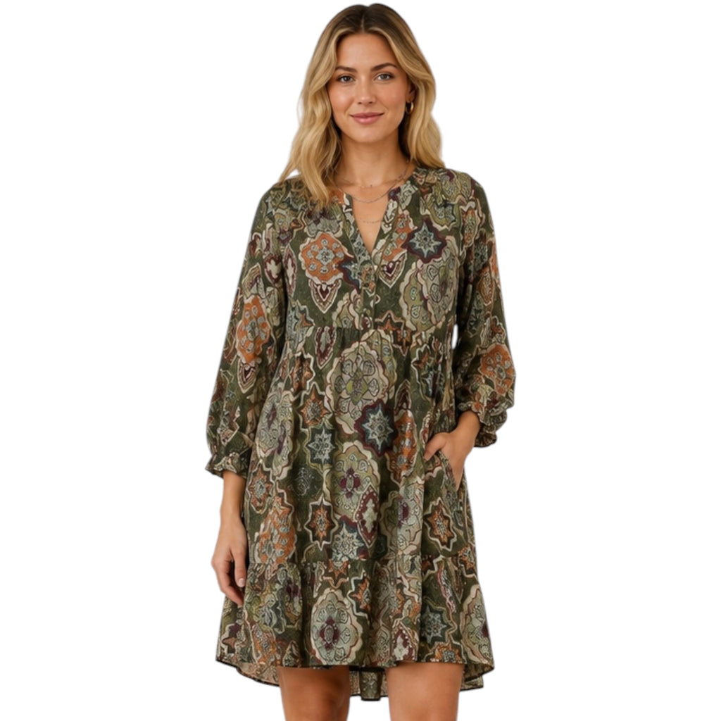 Olive Mix Boho Medallion Print Tiered Dress