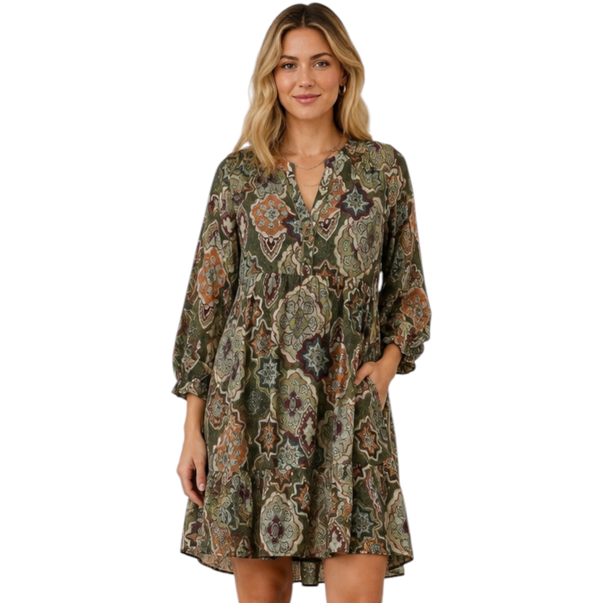 Olive Mix Boho Medallion Print Tiered Dress