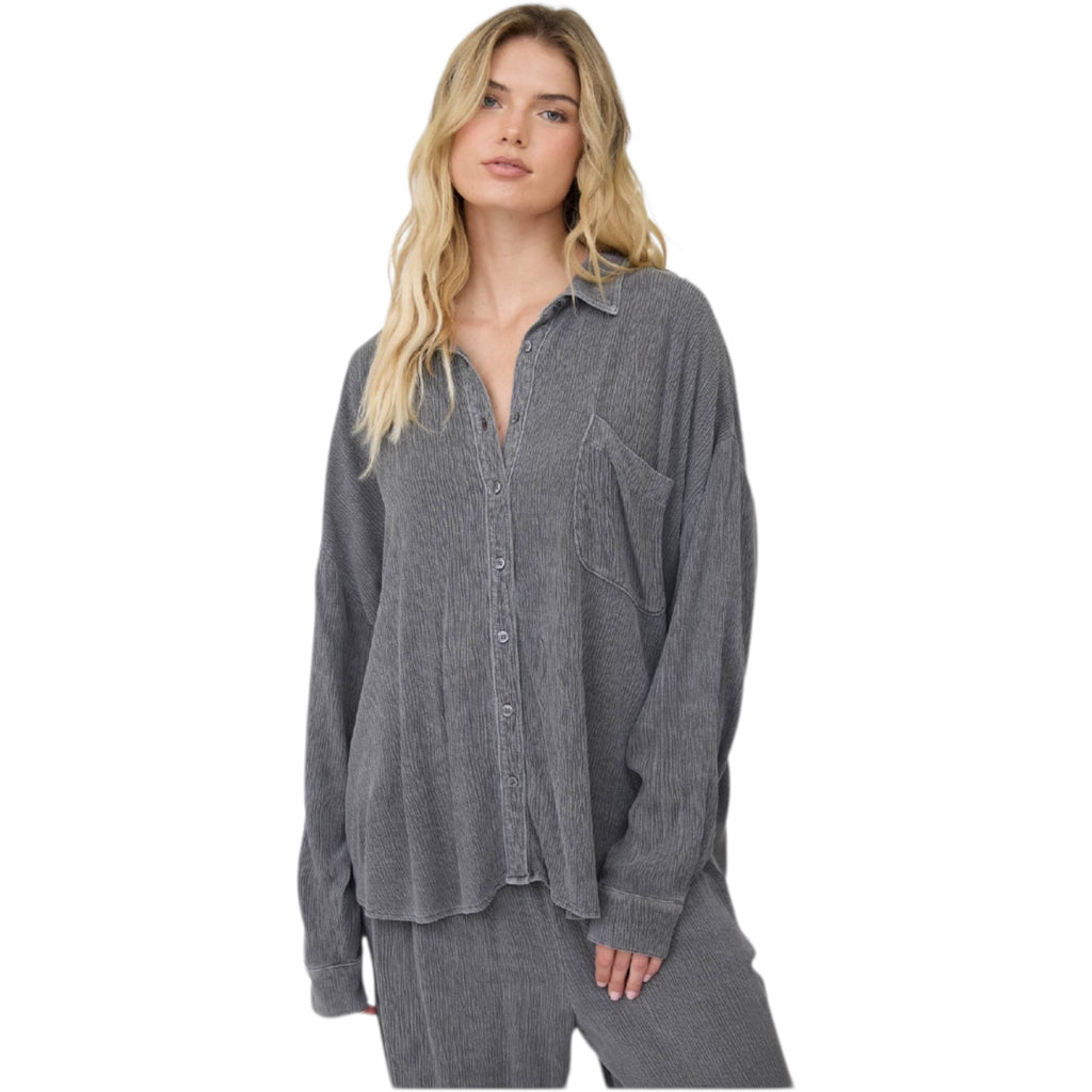 Charcoal Crinkle Long Sleeve Button Down