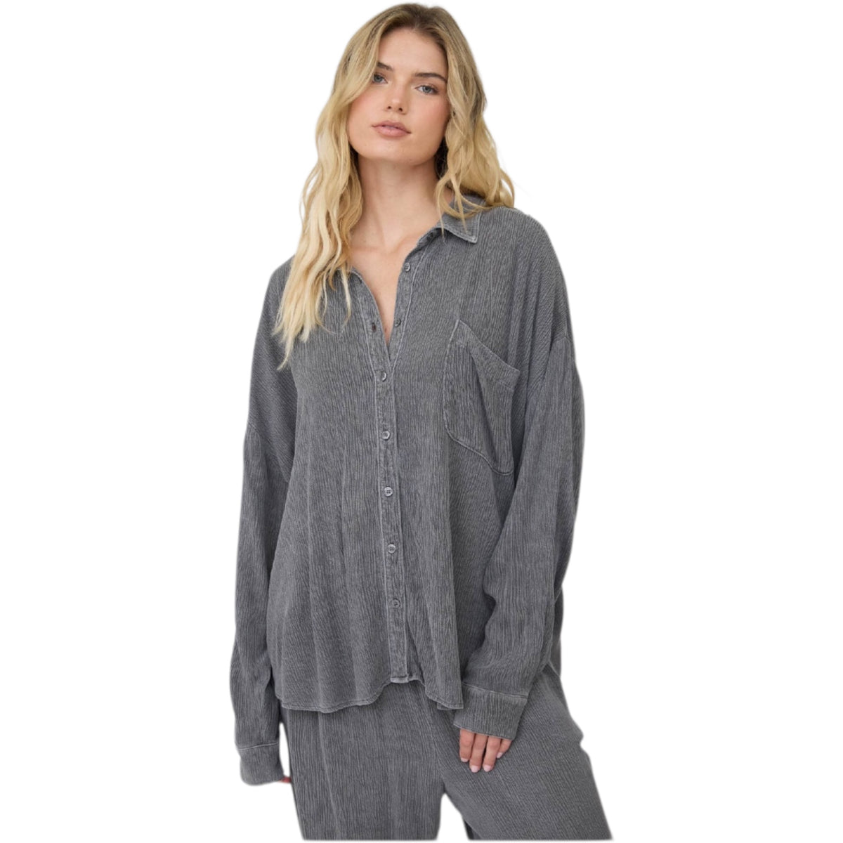 Charcoal Crinkle Long Sleeve Button Down