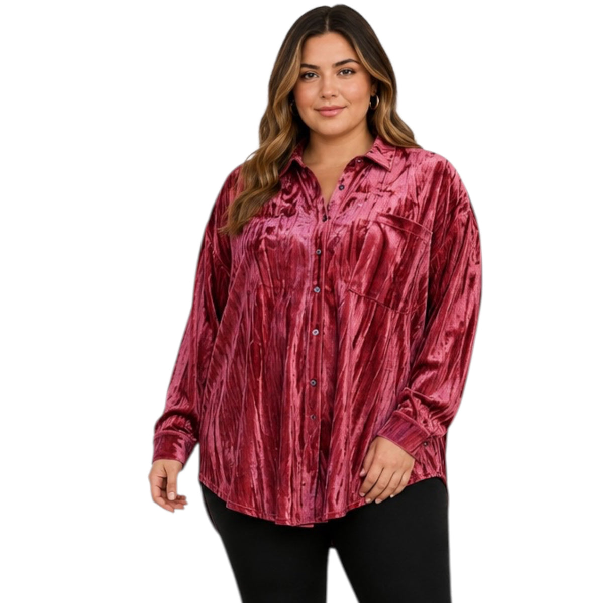 Plus Indian Pink Crinkled Velvet Button Front Top