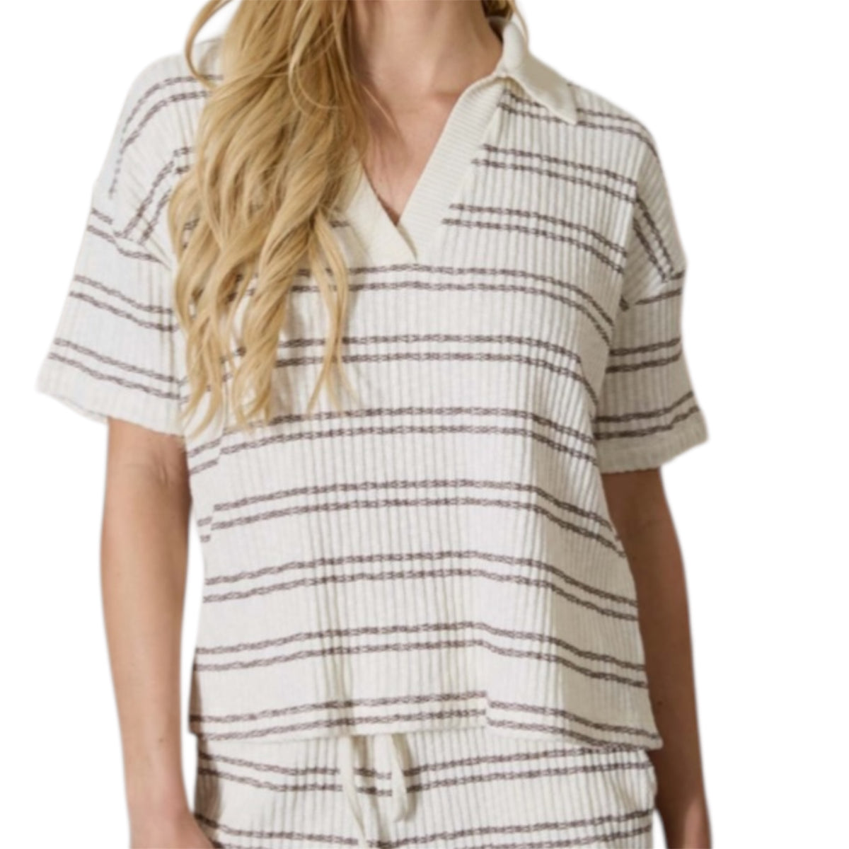 Marled Stripe Collared Knit Shorts Set