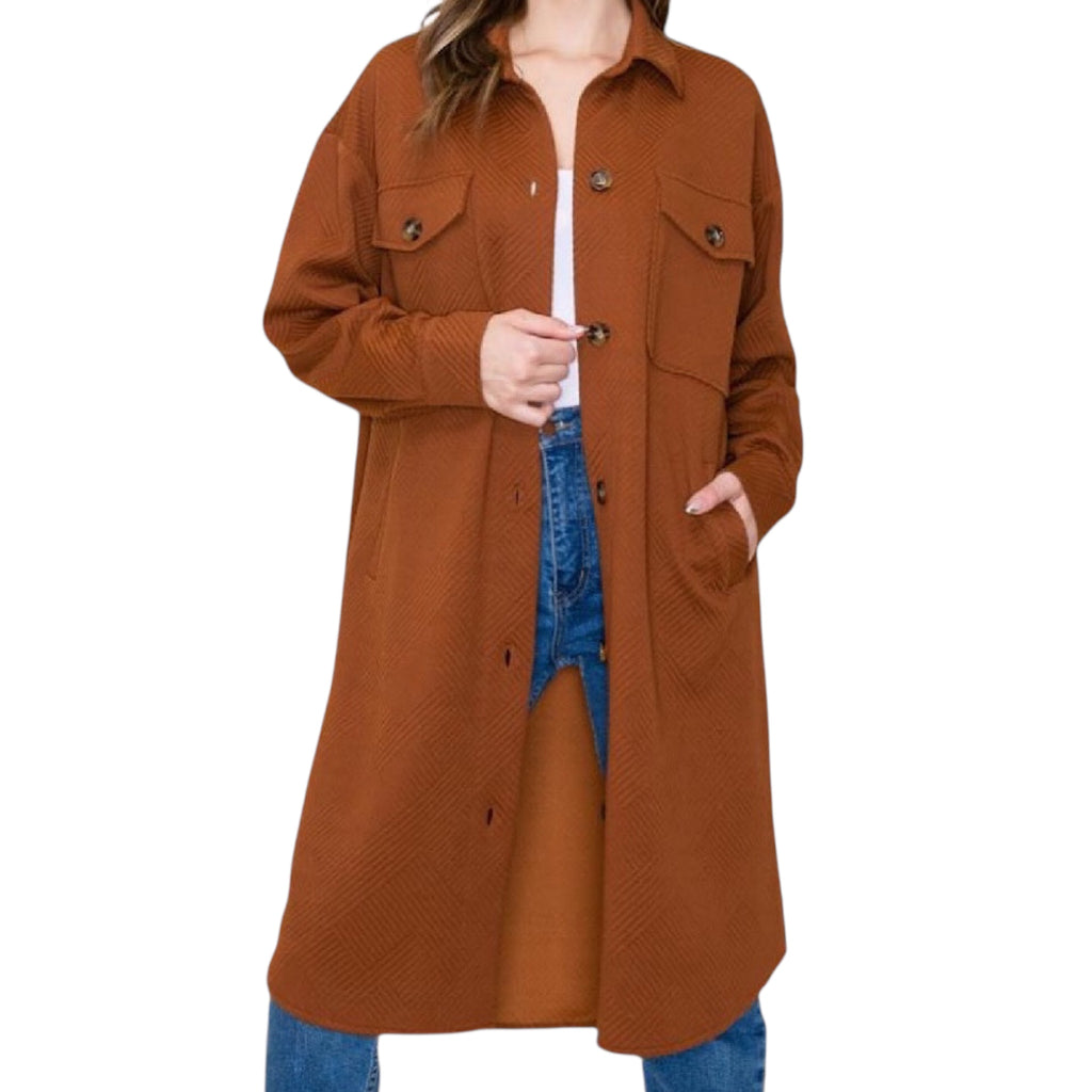 Copper Collared Button Down Long Jacket with Double Chest Pockets
